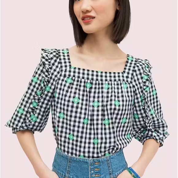 Kate Spade Blossom Gingham Cotton Top Square Neck Black White Green Size XXS - Picture 2 of 10